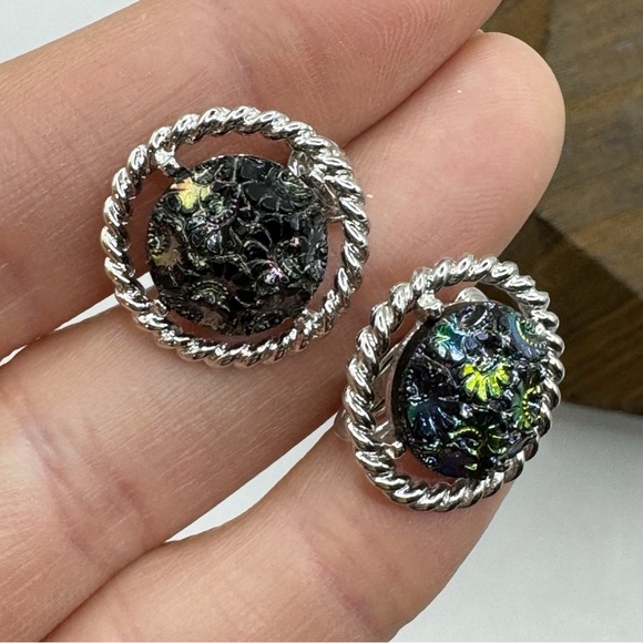 Sarah Coventry vintage Northern Lights clip on earrings silver tone iridescent - Picture 9 of 12